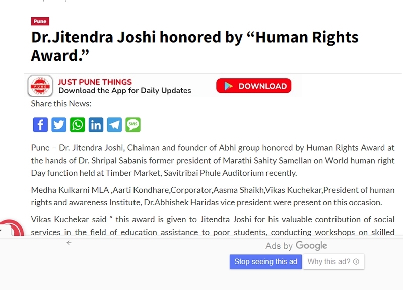 Dr.Jitendra Joshi honored by “Human Rights Award.”